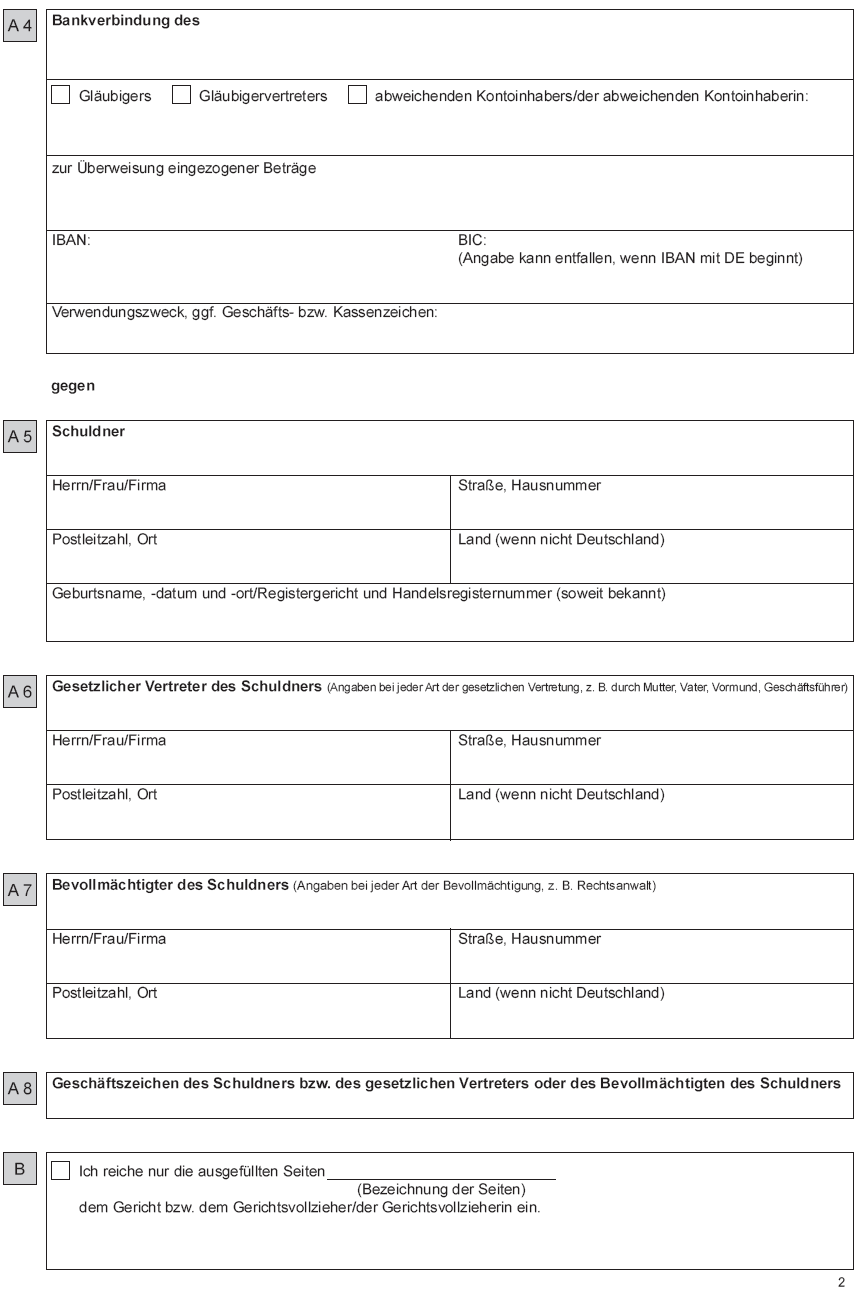 Vollstreckungsauftrag an die Gerichtsvollzieherin/den Gerichtsvollzieher - zur Vollstreckung von Geldforderungen - Seite 2 (BGBl. 2015 I S. 1589)