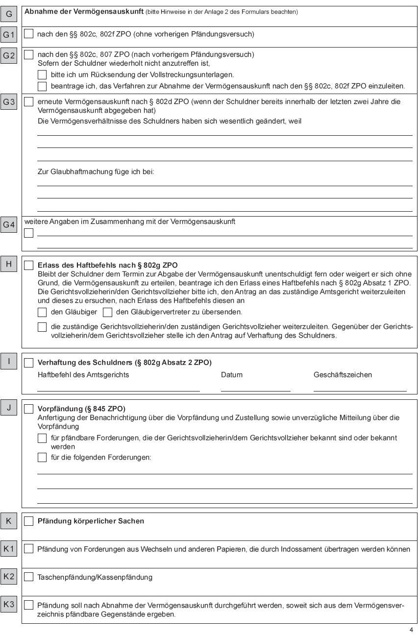 Vollstreckungsauftrag an die Gerichtsvollzieherin/den Gerichtsvollzieher - zur Vollstreckung von Geldforderungen - Seite 4 (BGBl. 2015 I S. 1591)