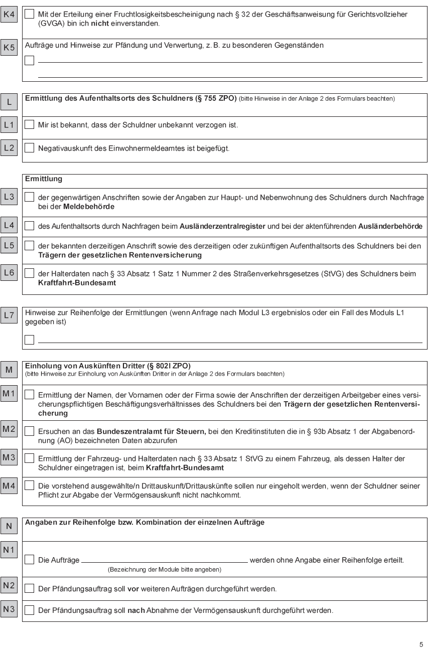 Vollstreckungsauftrag an die Gerichtsvollzieherin/den Gerichtsvollzieher - zur Vollstreckung von Geldforderungen - Seite 5 (BGBl. 2015 I S. 1592)