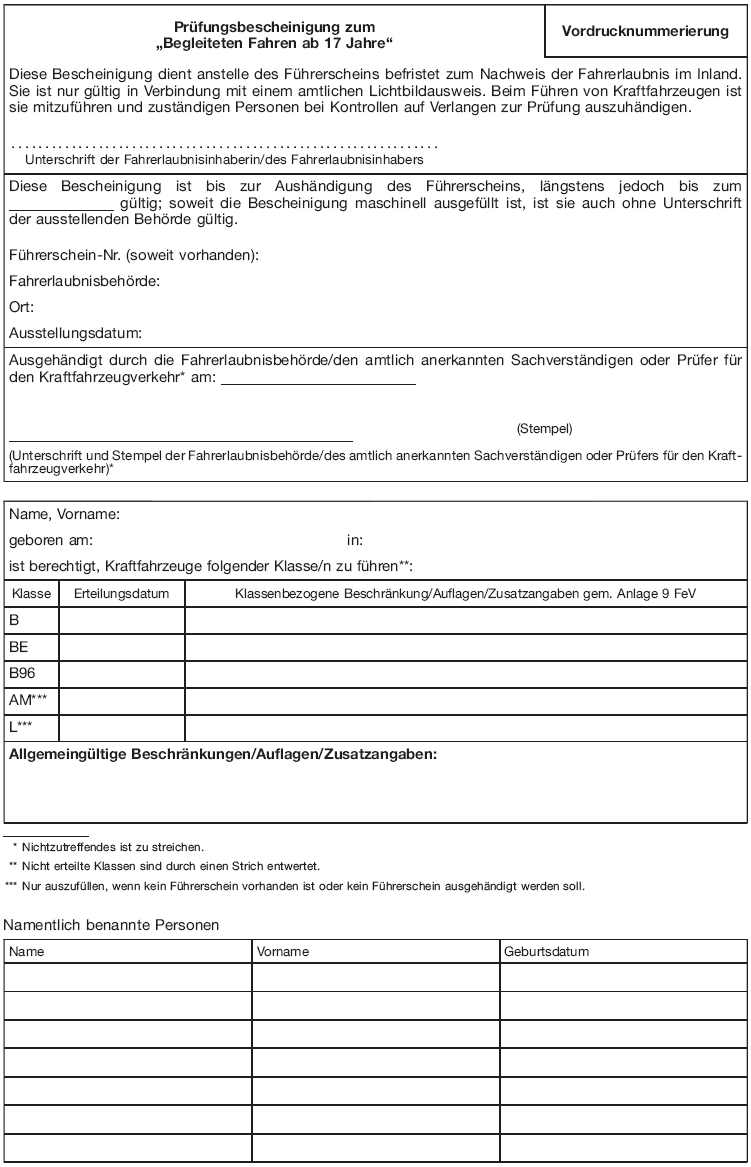 Muster Prüfungsbescheinigung zum 'Begleiteten Fahren ab 17 Jahre' (BGBl. 2015 I S. 1682)