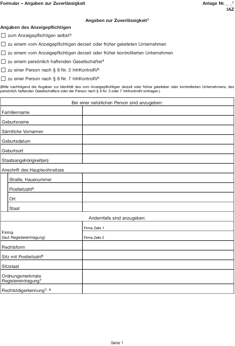 Formular - Angaben zur Zuverlässigkeit, Seite 1 (BGBl. 2015 I S. 1964)