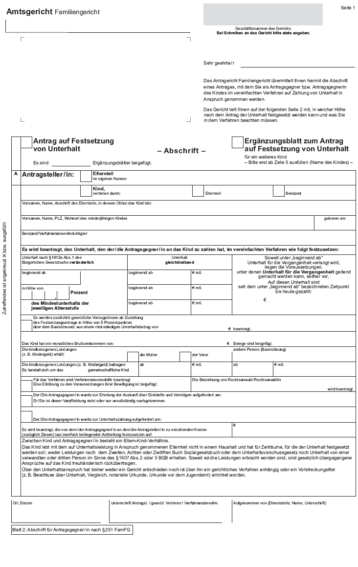 Antrag auf Festsetzung von Unterhalt, Ergänzungsblatt, Seite 1 (BGBl. 2015 I S. 2023)