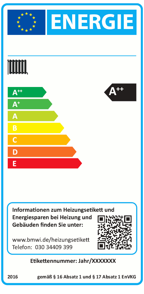 Musteretikett für Heizgeräte zur Verwendung bis einschließlich 25. September 2019 (BGBl. 2015 I S. 2197)