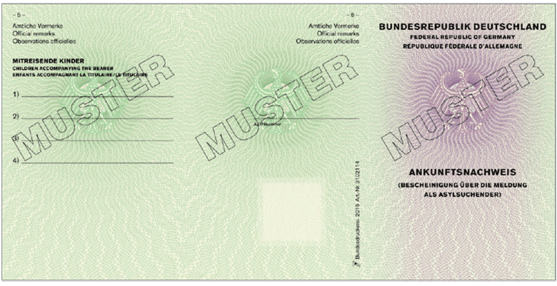 Muster des Ankunftsnachweises, Außenseite (BGBl. 2016 I S. 171)