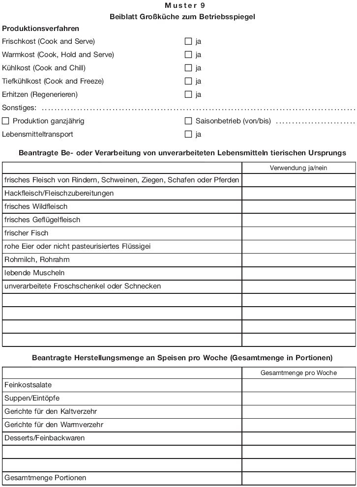 Muster 9 Beiblatt Großküche zum Betriebsspiegel (BGBl. 2016 I S. 446)