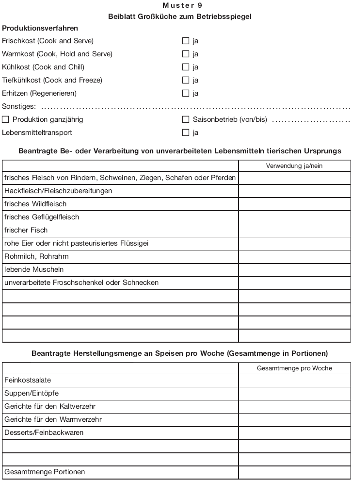 Muster 9 Beiblatt Großküche zum Betriebsspiegel (BGBl. 2016 I S. 446)