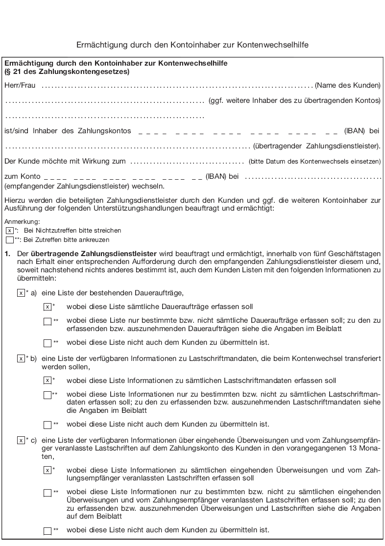 Vordruck Ermächtigung durch den Kontoinhaber zur Kontenwechselhilfe, Seite 1 (BGBl. 2016 I S. 738)