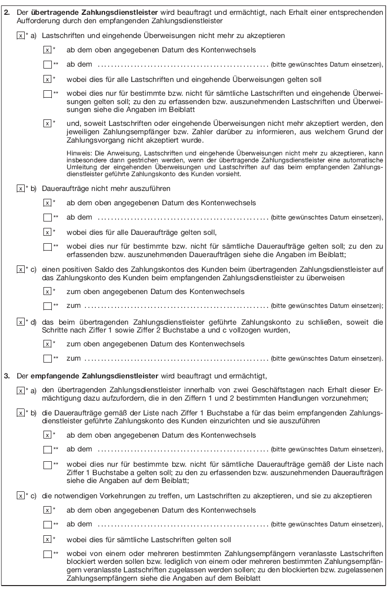 Vordruck Ermächtigung durch den Kontoinhaber zur Kontenwechselhilfe, Seite 2 (BGBl. 2016 I S. 739)