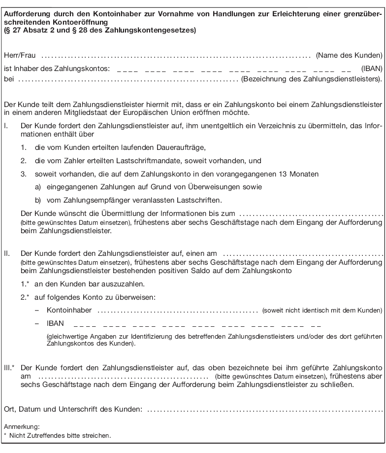 Vordruck Aufforderung durch den Kontoinhaber zur Erleichterung einer grenzüberschreitenden Kontoeröffnung (BGBl. 2016 I S. 741)