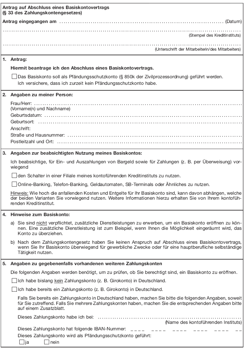 Vordruck Antrag auf Abschluss eines Basiskontovertrags, Seite 1 (BGBl. 2016 I S. 742)