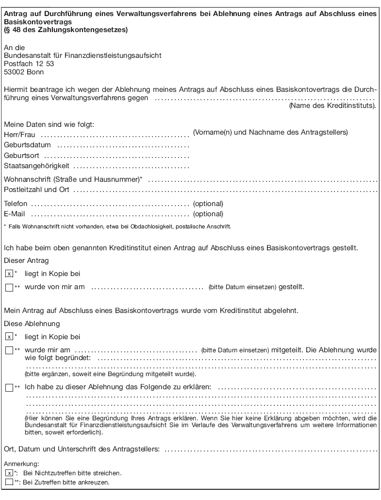 Vordruck Antrag auf Durchführung eines Verwaltungsverfahrens bei Ablehnung eines Antrags auf Abschluss eines Basiskontovertrags (BGBl. 2016 I S. 744)