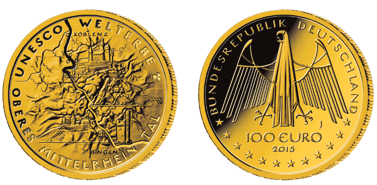 Abb. Bildseite und Wertseite Goldmünze "UNESCO Welterbe - Oberes Mittelrheintal" (BGBl. 2016 I S. 748)