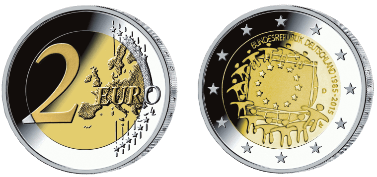 Abb. Bildseite und Wertseite Gedenkmünze "30 Jahre Europaflagge" (BGBl. 2016 I S. 750)