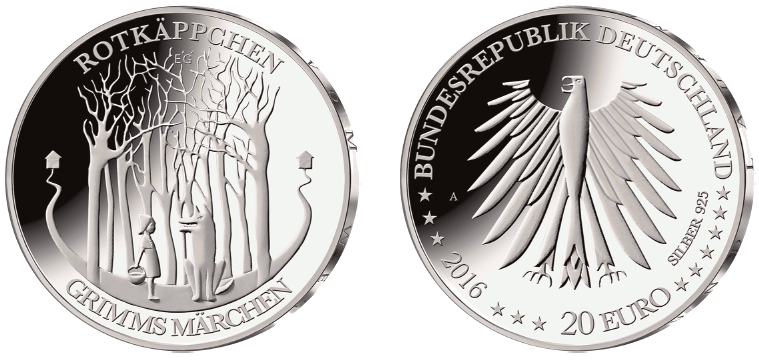 Abb. Bildseite und Wertseite Gedenkmünze "Rotkäppchen" (BGBl. 2016 I S. 751)