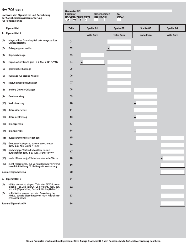 Nachweis der Eigenmittel und Berechnung der Solvabilitätskapitalanforderung für Pensionsfonds Nw 706 Seite 1 (BGBl. 2016 I S. 869)