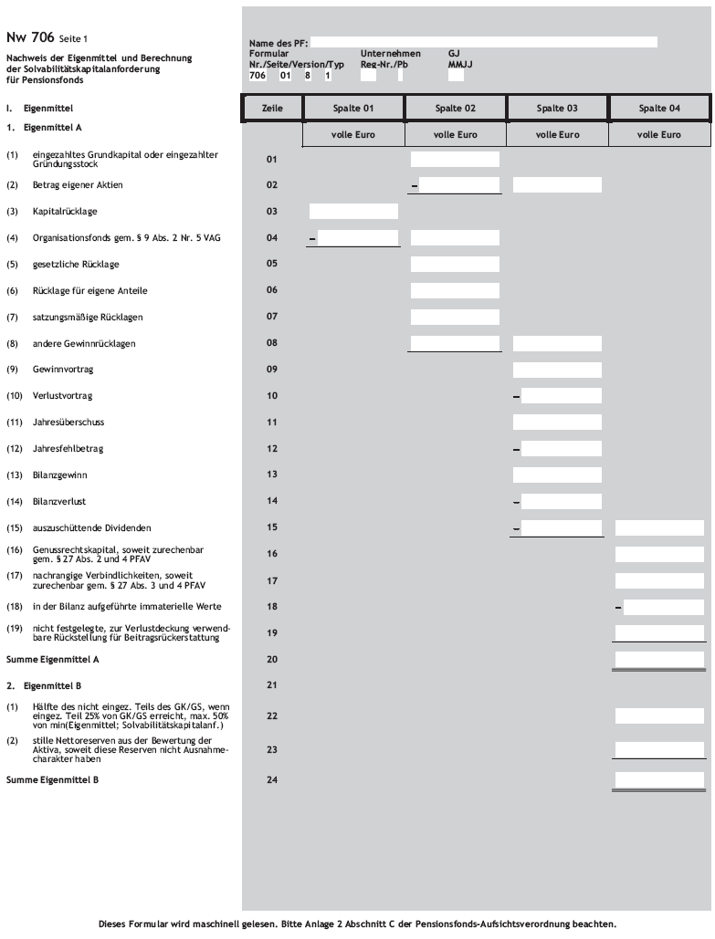 Nachweis der Eigenmittel und Berechnung der Solvabilitätskapitalanforderung für Pensionsfonds Nw 706 Seite 1 (BGBl. 2016 I S. 869)