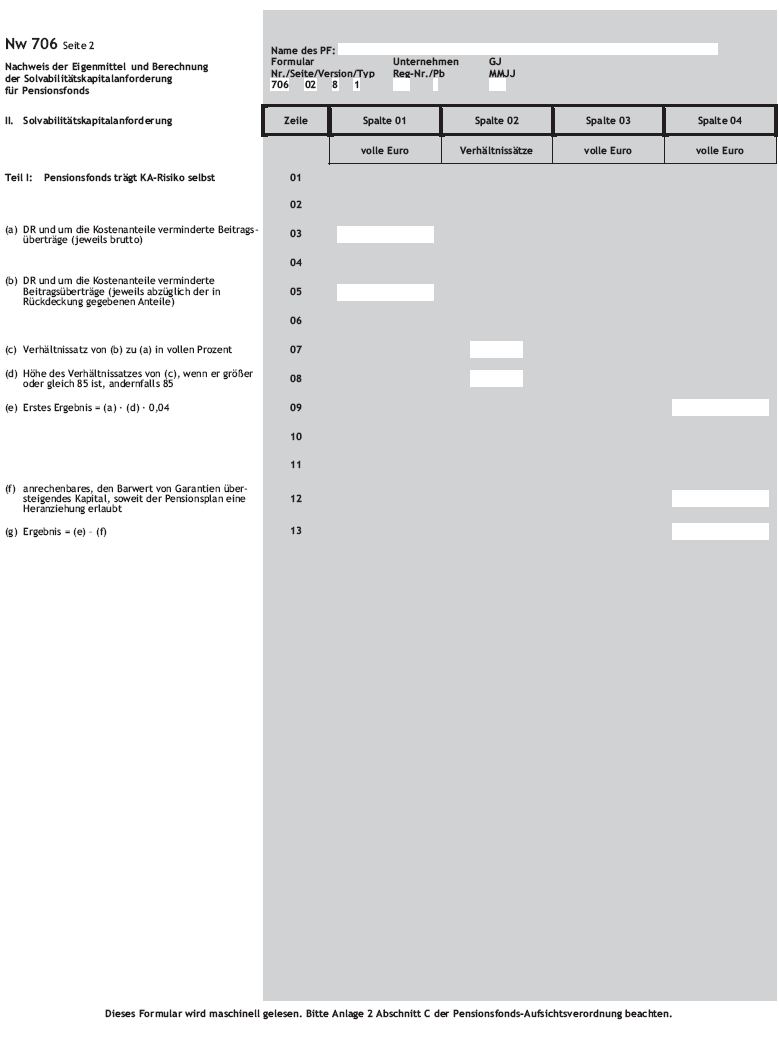 Nachweis der Eigenmittel und Berechnung der Solvabilitätskapitalanforderung für Pensionsfonds Nw 706 Seite 2 (BGBl. 2016 I S. 870)