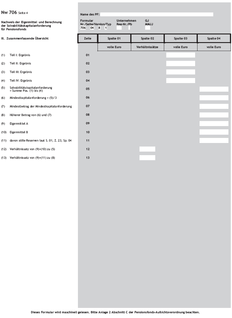 Nachweis der Eigenmittel und Berechnung der Solvabilitätskapitalanforderung für Pensionsfonds Nw 706 Seite 4 (BGBl. 2016 I S. 872)