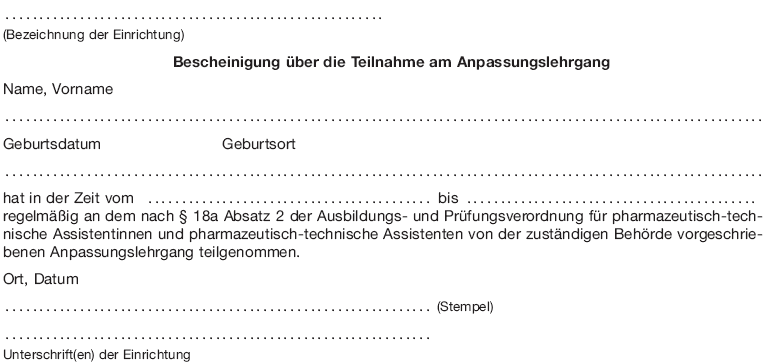 Bescheinigung über die Teilnahme am Anpassungslehrgang (BGBl. 2016 I S. 902)