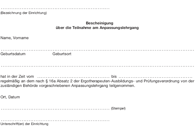 Bescheinigung über die Teilnahme am Anpassungslehrgang (BGBl. 2016 I S. 906)