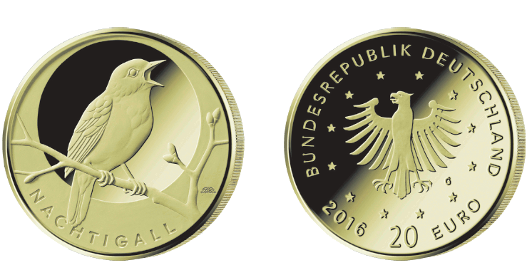 Abb. Bild- und Wertseite Goldmünze "Nachtigall" (BGBl. 2016 I S. 1583)