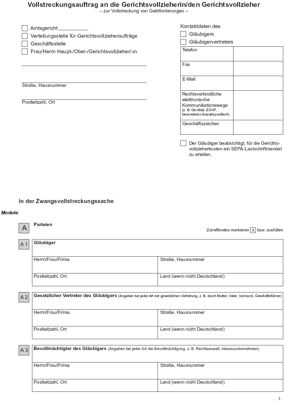 Vordruck Formular Vollstreckungsauftrag Seite 1 (BGBl. 2016 I S. 2604)