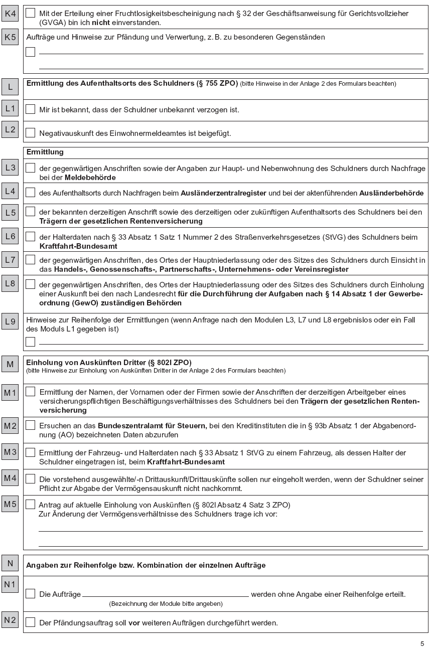 Vordruck Formular Vollstreckungsauftrag Seite 5 (BGBl. 2016 I S. 2608)