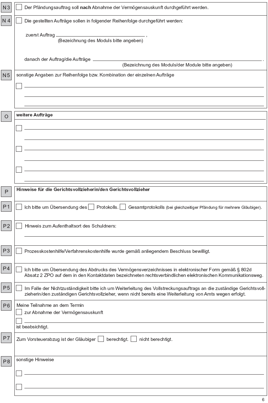 Vordruck Formular Vollstreckungsauftrag Seite 6 (BGBl. 2016 I S. 2609)