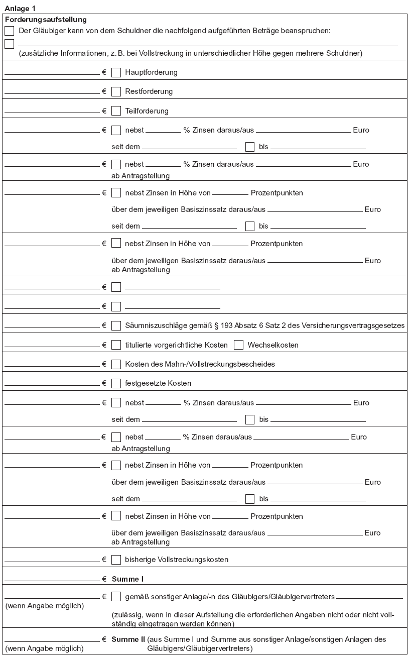 Vordruck Formular Forderungsaufstellung Anlage 1 (BGBl. 2016 I S. 2611)