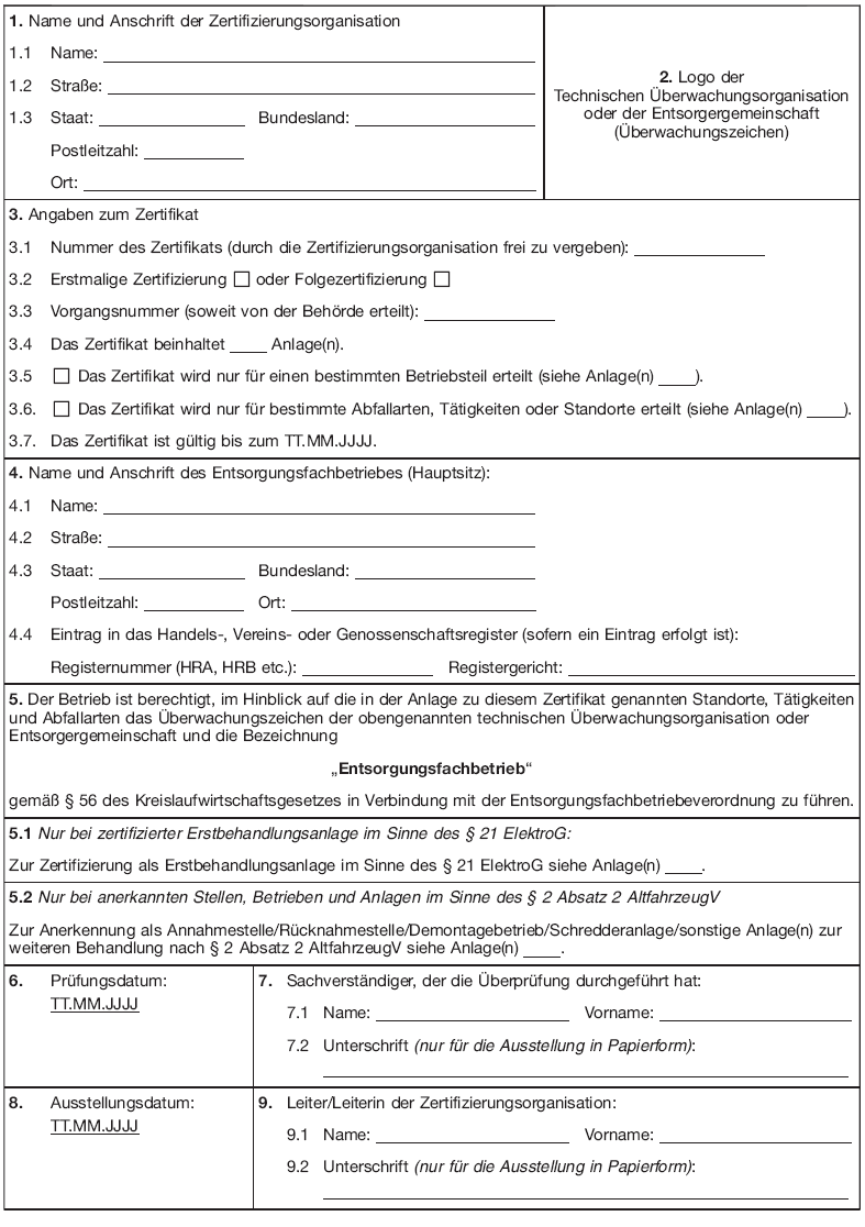 Vordruck für das Zertifikat, Seite 1 (BGBl. 2016 I S. 2786)