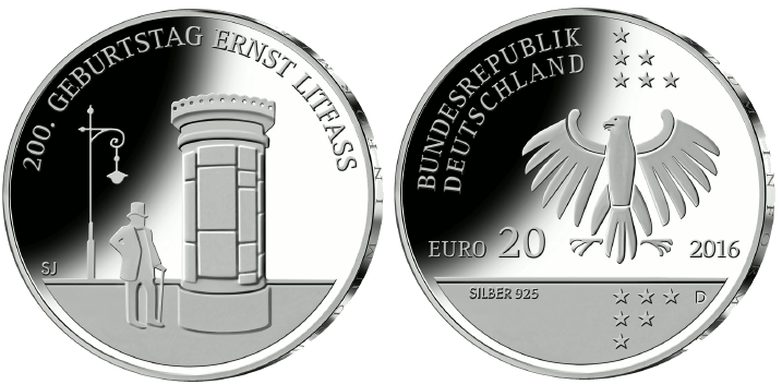 Abb. Bild- und Wertseite Gedenkmünze "200. Geburtstag Ernst Litfaß" (BGBl. 2016 I S. 2855)