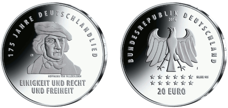 Abb. Bild- und Wertseite Gedenkmünze "175 Jahre Deutschlandlied" (BGBl. 2016 I S. 2867)
