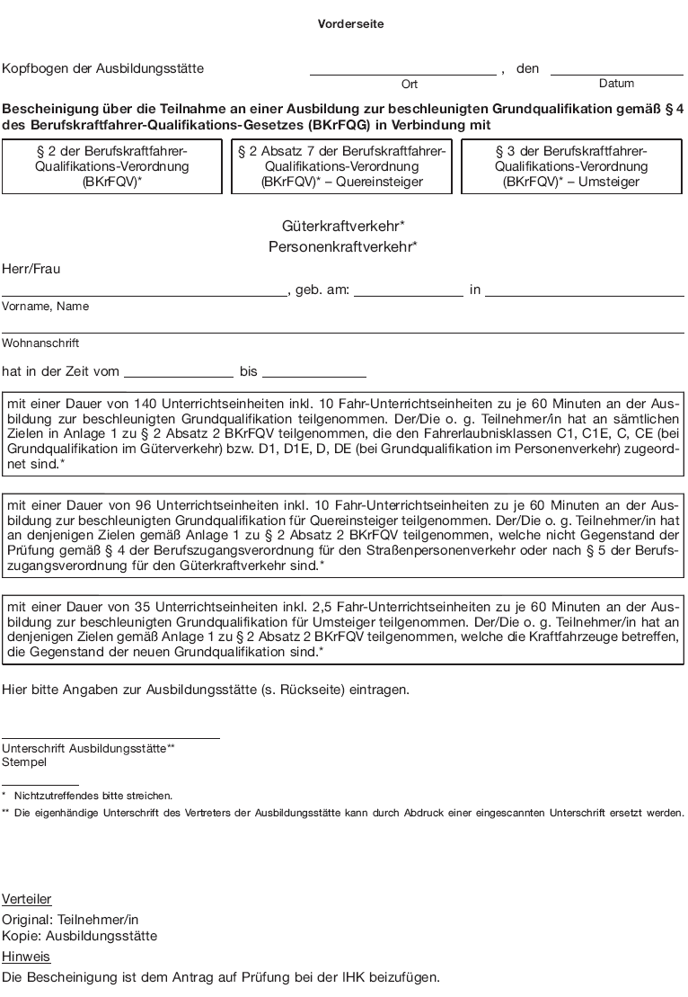 Bescheinigung über die Teilnahme an einer Ausbildung zur beschleunigten Grundqualifikation, Vorderseite (BGBl. 2016 I S. 2923)