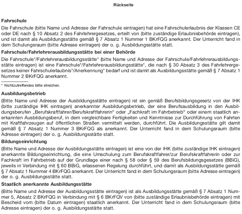 Bescheinigung über die Teilnahme an einer Ausbildung zur beschleunigten Grundqualifikation, Rückseite (BGBl. 2016 I S. 2924)