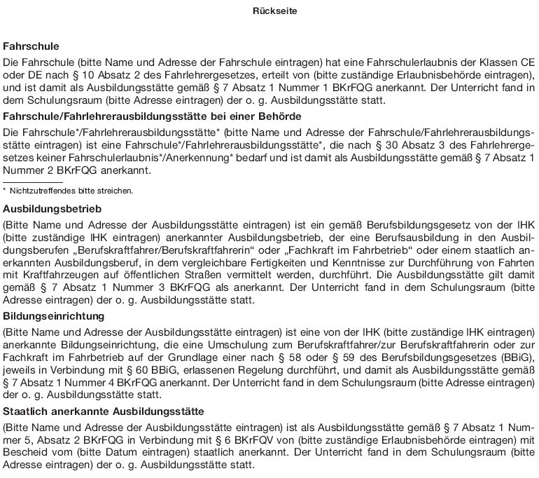 Bescheinigung über die Teilnahme an einer Ausbildung zur beschleunigten Grundqualifikation, Rückseite (BGBl. 2016 I S. 2924)