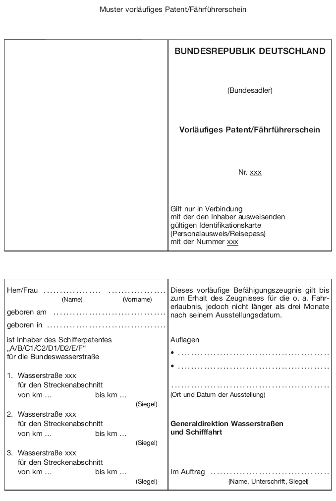 Muster vorläufiges Patent/Fährführerschein (BGBl. 2016 I S. 2970)