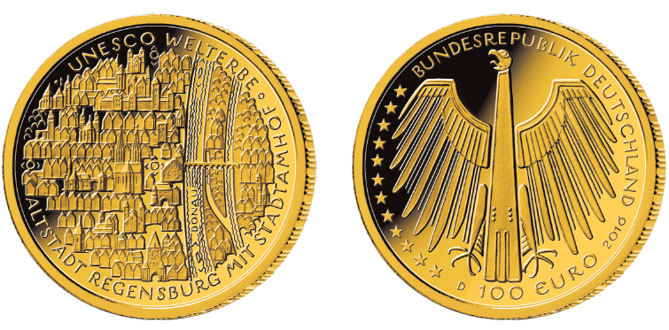 Bild- und Wertseite Goldmünze "UNESCO Welterbe - Altstadt Regensburg mit Stadtamhof" (BGBl. 2016 I S. 2983)