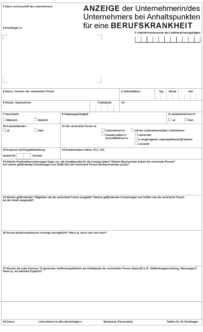 Anzeige der Unternehmerin/des Unternehmers bei Anhaltspunkten für eine Berufskrankheit (BGBl. 2016 I S. 3101)