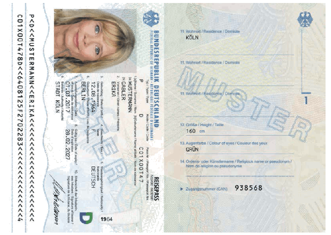 Passmuster Reisepass, Passkartendatenseite und Passbuchinnenseite 1 (BGBl. 2017 I S. 164)