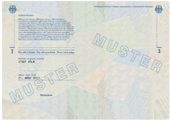 Passmuster Reisepass, Passbuchinnenseite (BGBl. 2017 I S. 165)