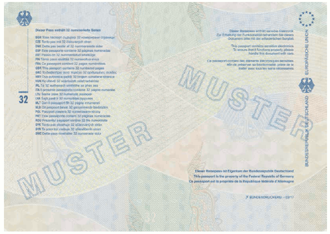 Passmuster Reisepass, Passbuchinnenseite 32 und Vorsatz des hinteren Einbandes (BGBl. 2017 I S. 172)