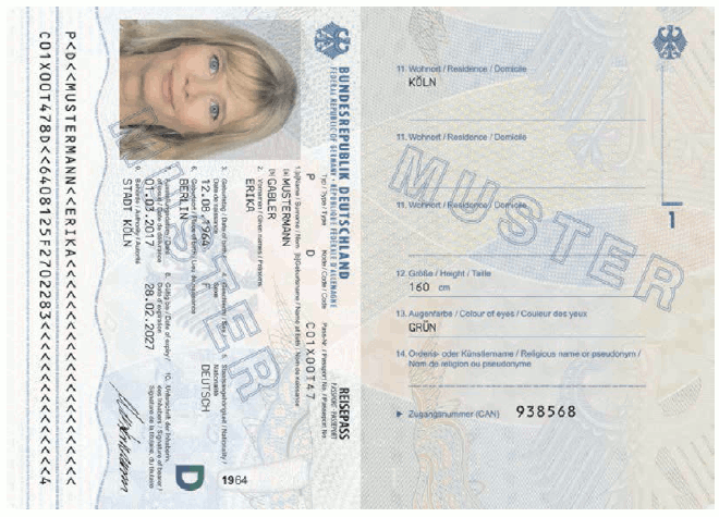 Passmuster Reisepass, Passkartendatenseite und Passbuchinnenseite 1 (BGBl. 2017 I S. 174)