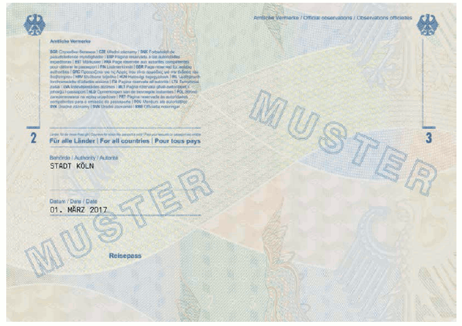 Passmuster Reisepass, Passbuchinnenseite (BGBl. 2017 I S. 175)