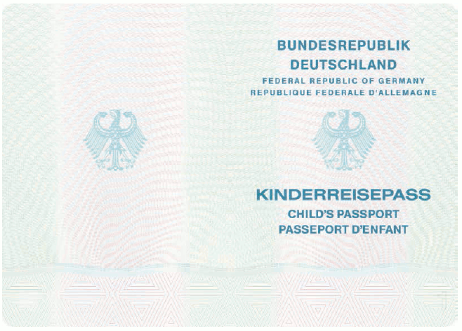 Passmuster Kinderreisepass, Vorsatz und Passbuchinnenseite 1 (BGBl. 2017 I S. 187)