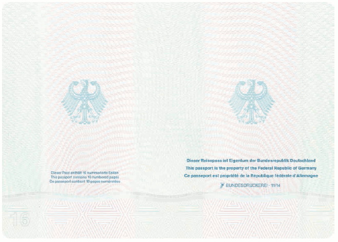 Passmuster Kinderreisepass, Passbuchinnenseite 16 und Vorsatz (BGBl. 2017 I S. 190)
