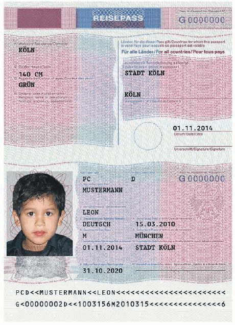 Passmuster Kinderreisepass, Aufkleber Personaldaten (BGBl. 2017 I S. 191)