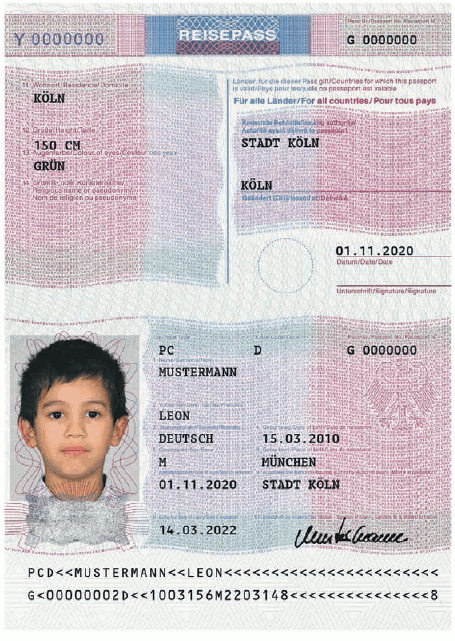 Passmuster Kinderreisepass, Aufkleber Verlängerung/Änderung (BGBl. 2017 I S. 192)