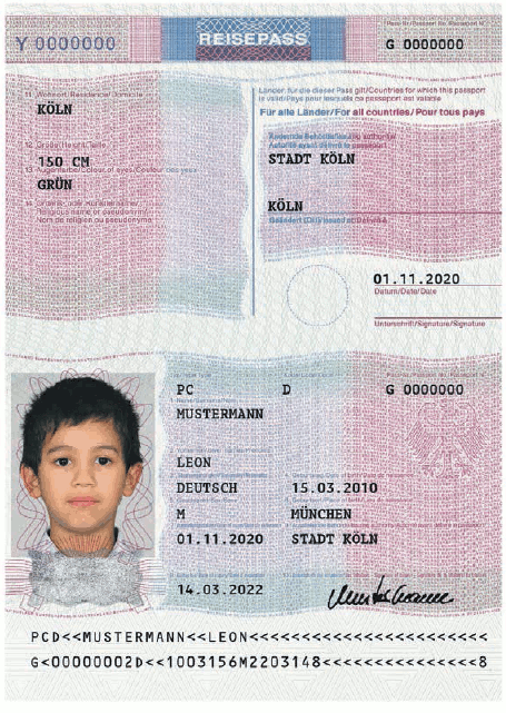 Passmuster Kinderreisepass, Aufkleber Verlängerung/Änderung (BGBl. 2017 I S. 192)