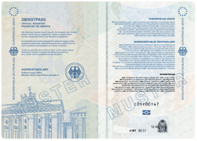 Passmuster Dienstpass, Vorsatz und Passkartentitelseite (BGBl. 2017 I S. 193)