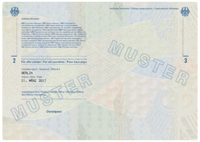 Passmuster Dienstpass, Passbuchinnenseite (BGBl. 2017 I S. 194)